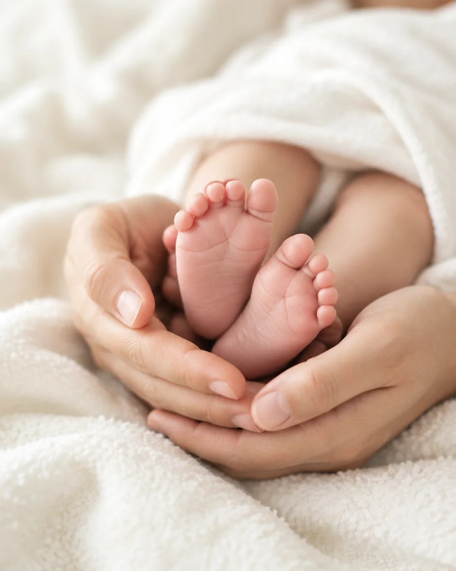 Babyfüße in den Händen der Eltern