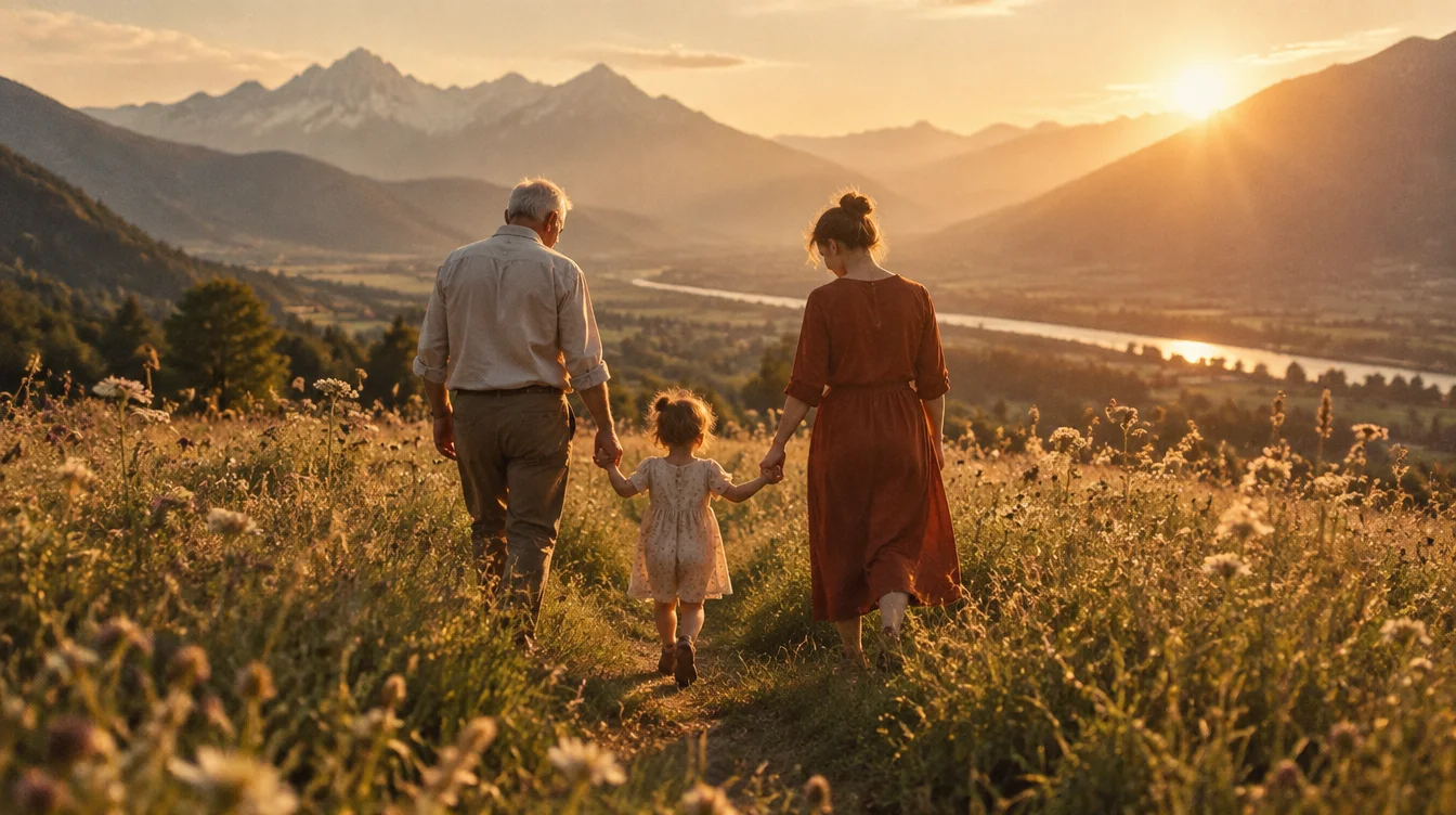 Drei Generationen gehen bei Sonnenuntergang über eine Wiese im Rheintal